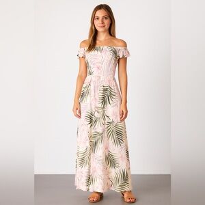 CeCe Soft Palm Maxi Dress Island Romance Off-Shoulder Smocked Tropical